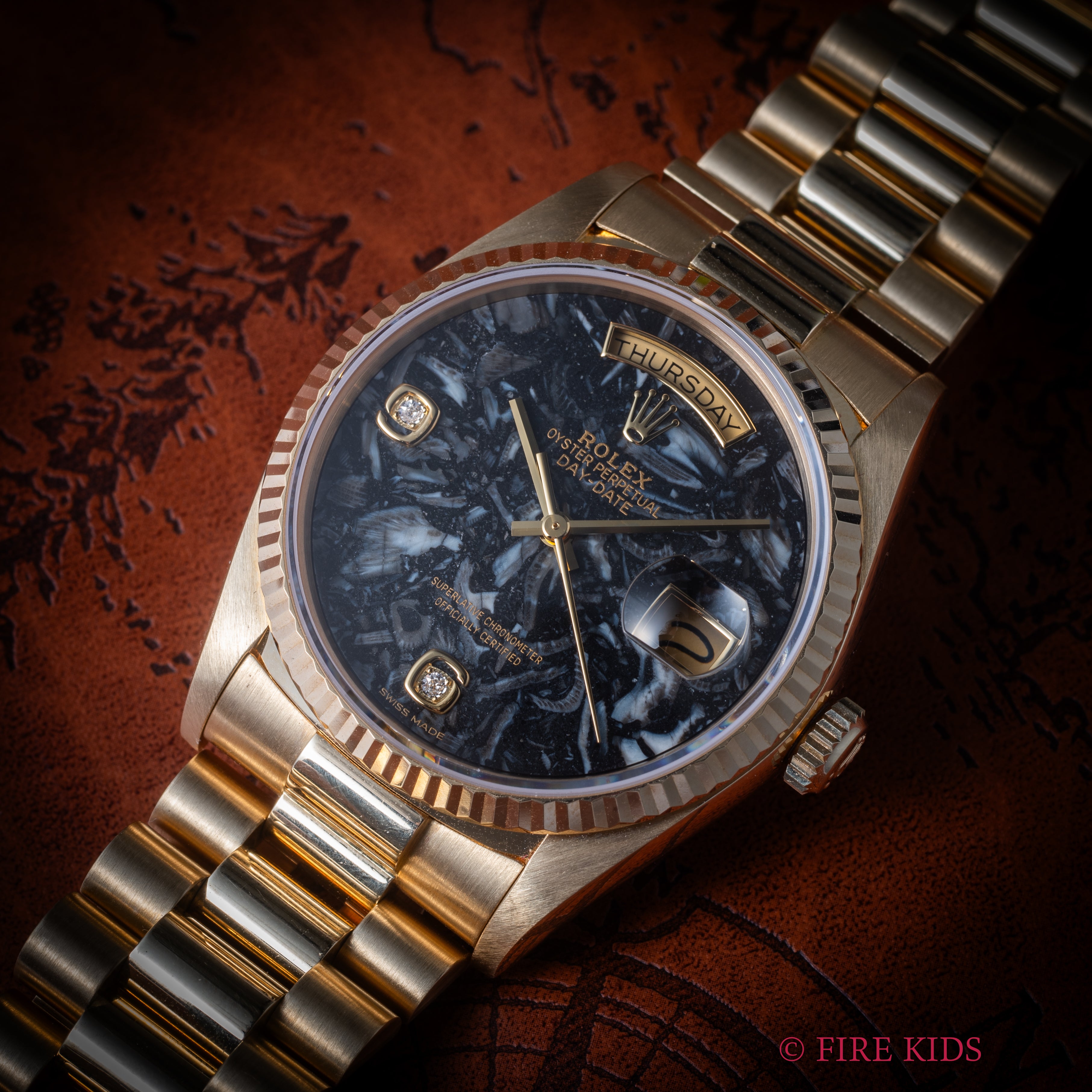 ロレックス デイデイト アンモナイトダイヤル 1986年製 Ref.18038  純正18KYGブレス ギャラ付き