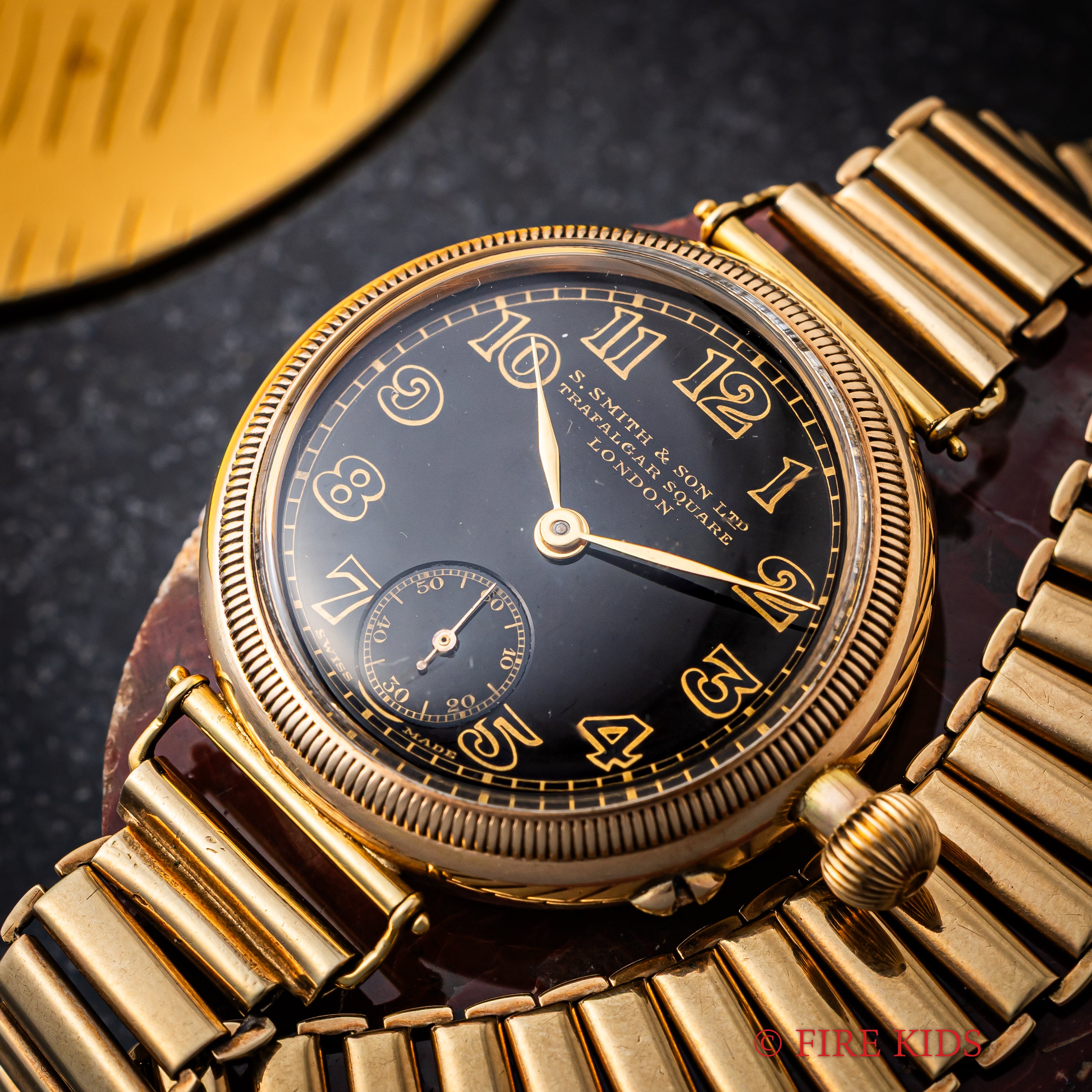 スミス ロンジン 9金無垢FBケース ブラックポーセリンダイヤル 1922～23年製 手巻 Cal.12.92 BONKLIP 9金無垢バンブーブレス