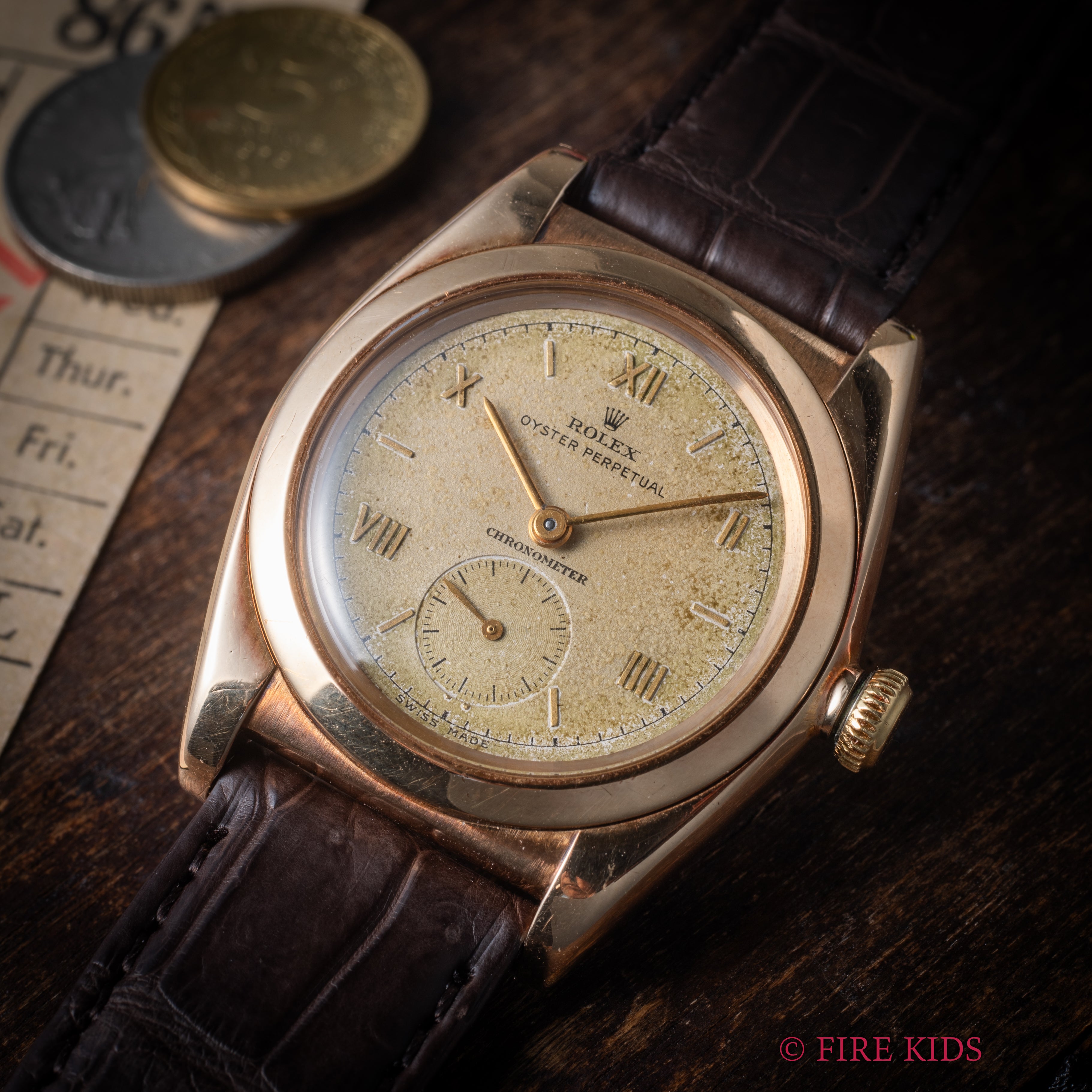 ロレックス 14金無垢ピンクゴールド バブルバック  1946年製 スモールセコンド Ref.3130 飛びローマンダイヤル