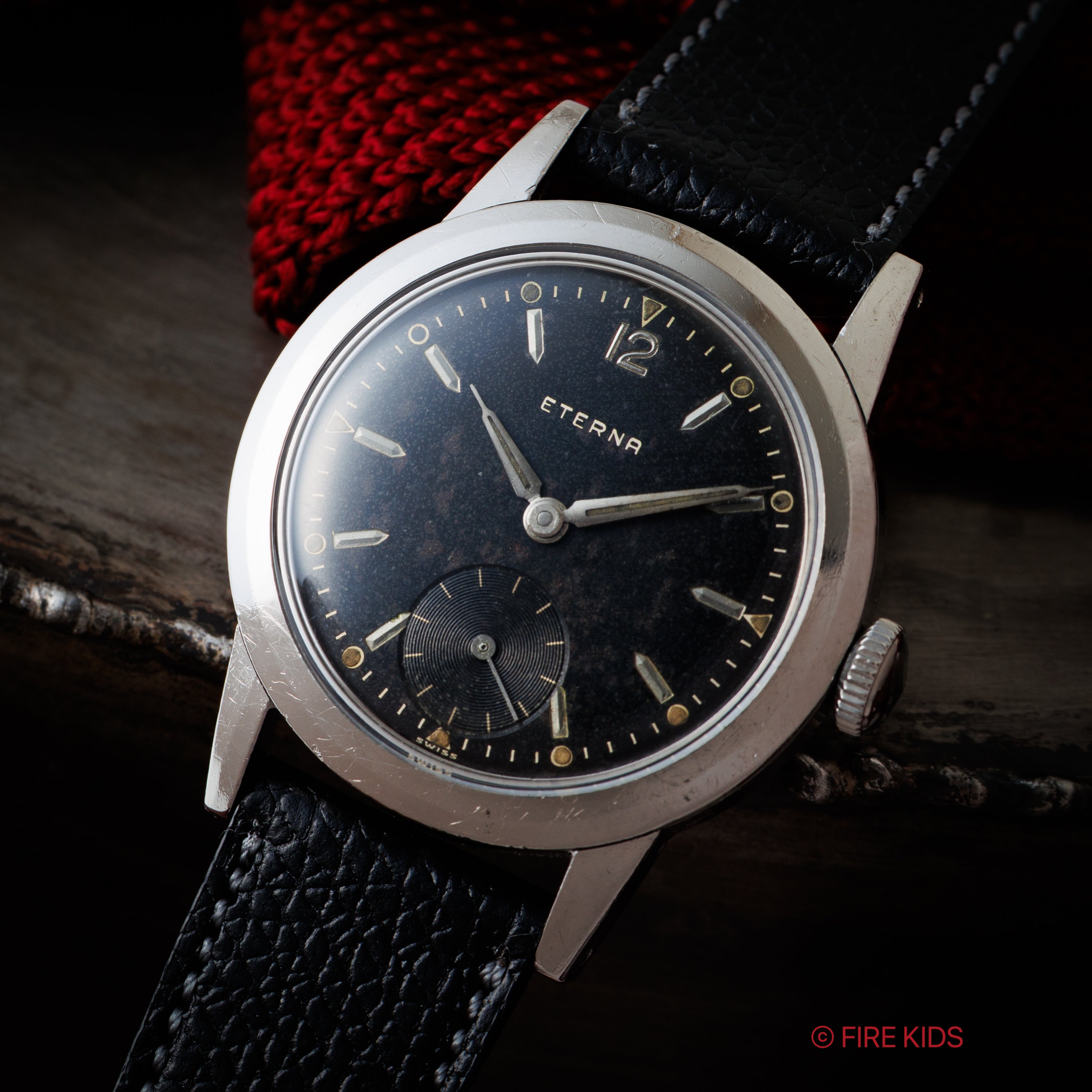 エテルナ ラウンドケース 1950年代製 ブラックミラーダイヤル 手巻 スモールセコンド