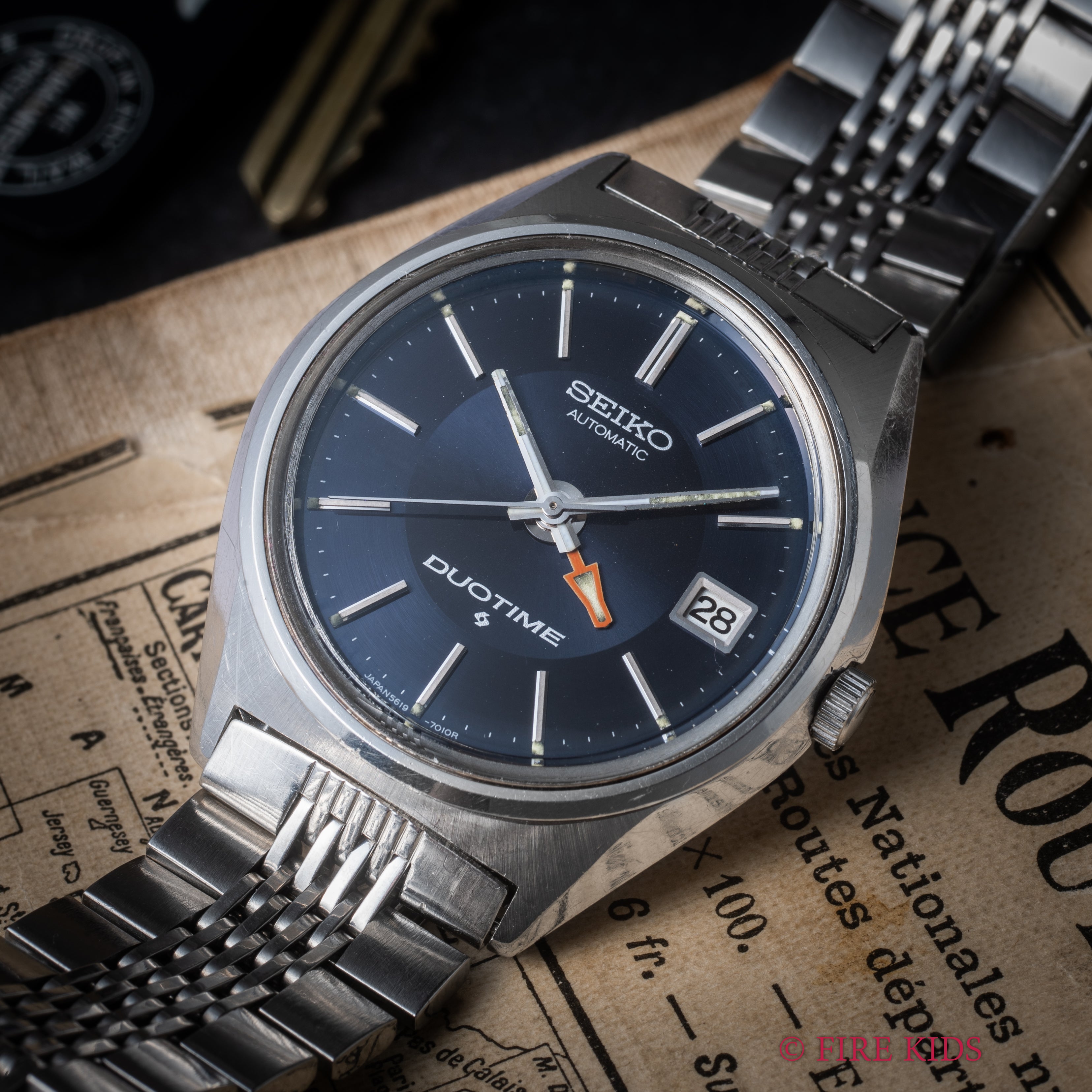セイコー デュオタイム 1972年製 ダークブルーダイヤル Ref.5619-7000 純正ブレス 自動巻