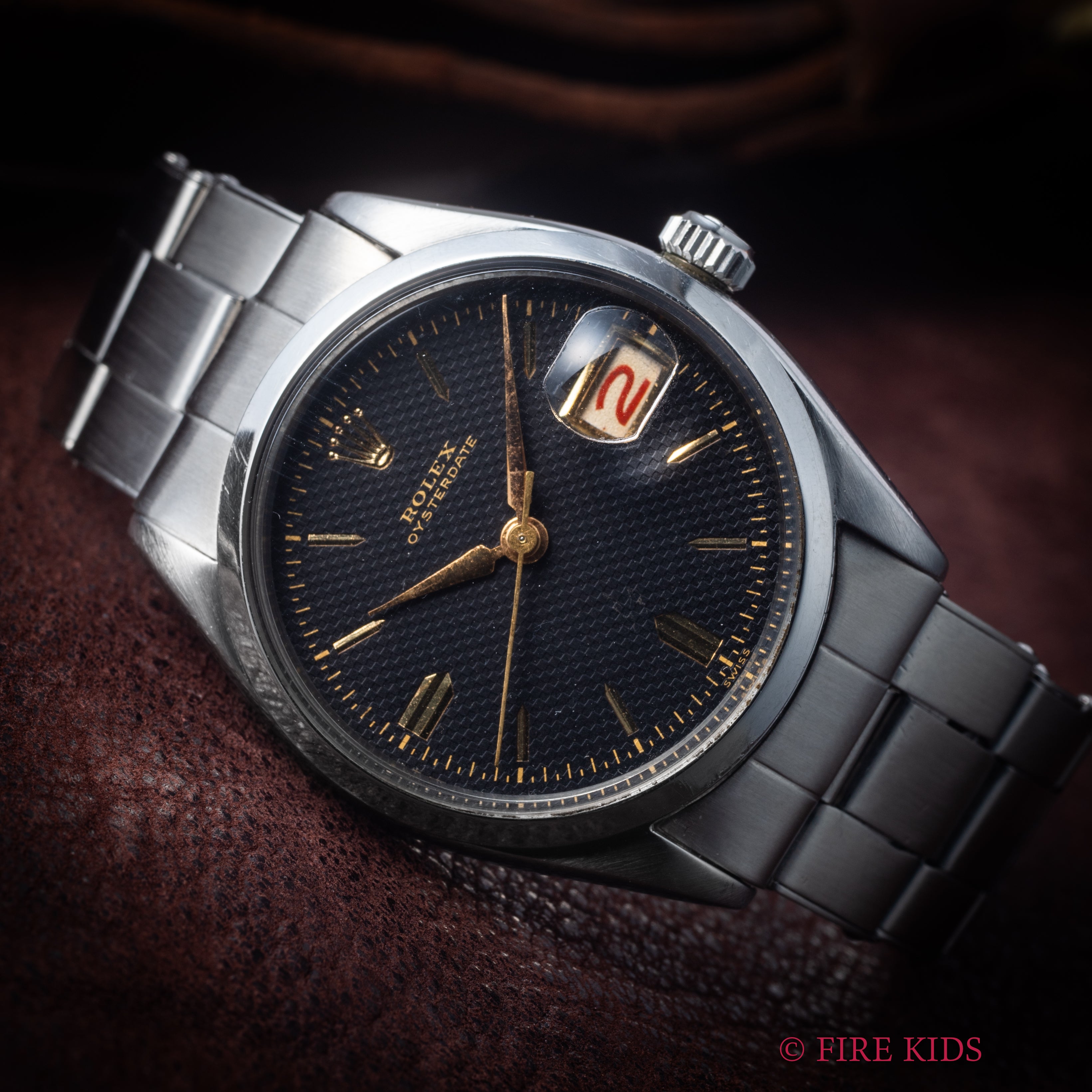 ロレックス オイスターデイト 1954年製 ブラックハニカムダイヤル 赤黒カレンダー Ref.6294 手巻 純正リベットブレス