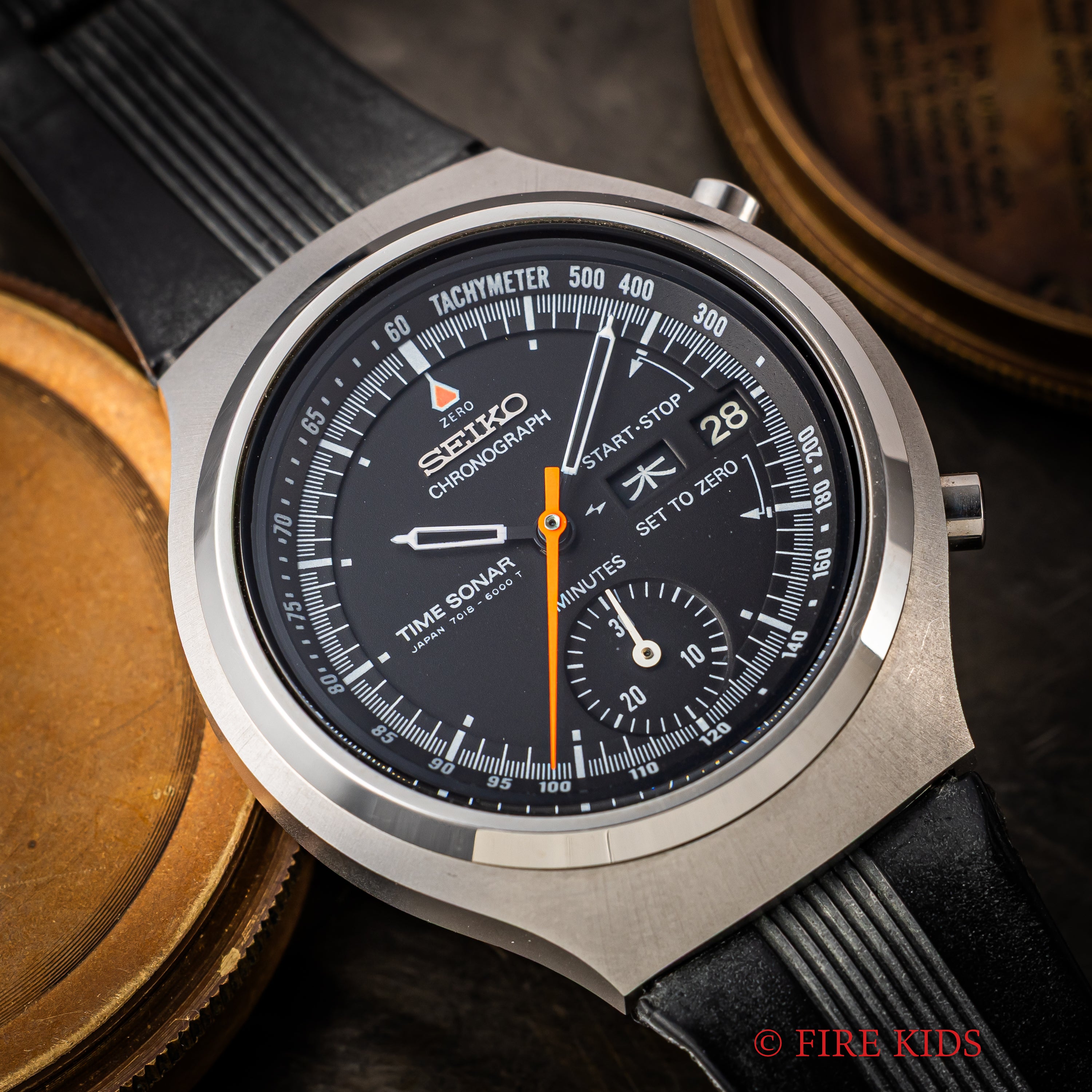 セイコー タイムソナー 未使用品 1970年代製 裏蓋スケルトン 自動巻クロノグラフ オリジナルウレタンベルト