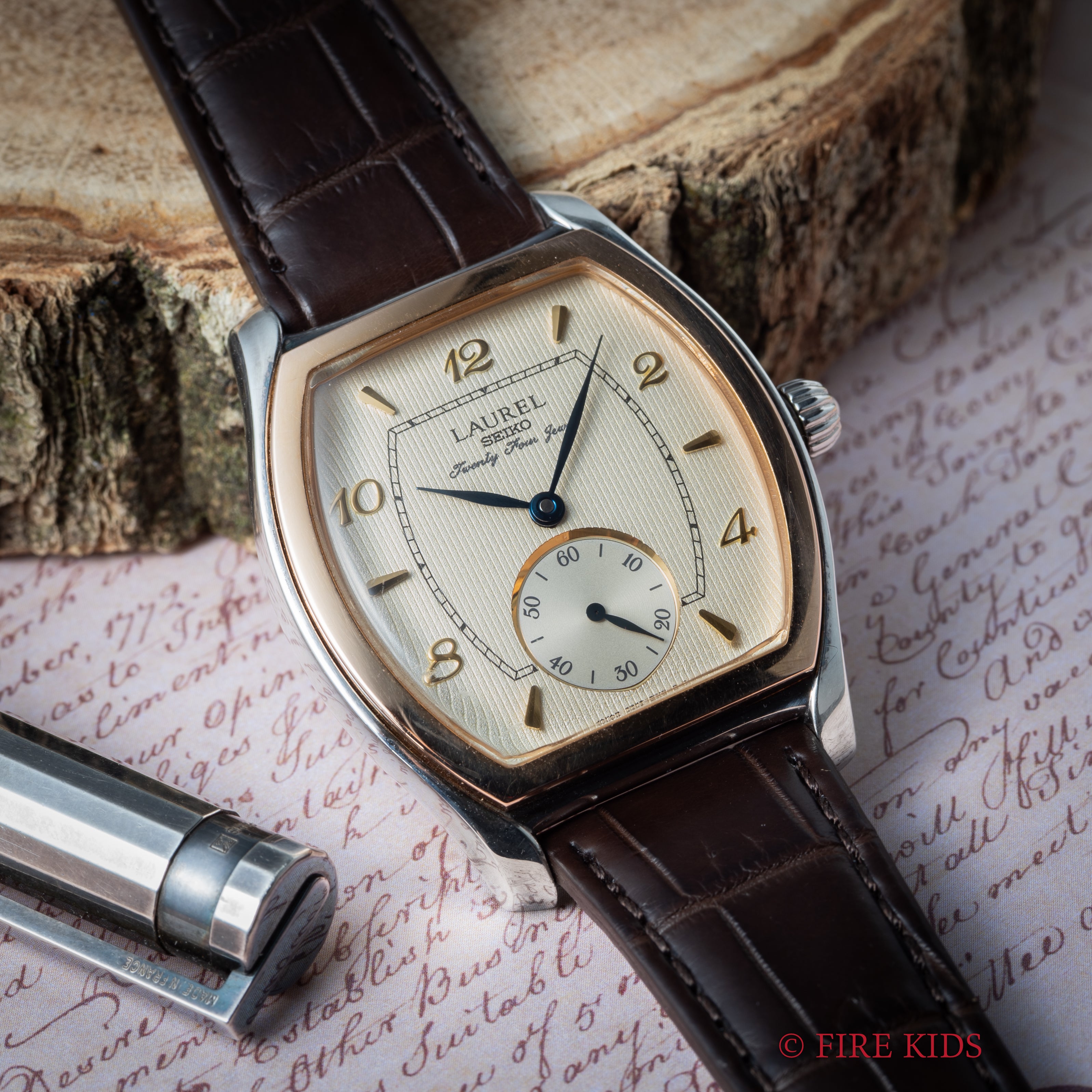 セイコー ローレル 1995年製 925銀無垢トノーケース 18金無垢ベゼル 手巻きCal.4S28