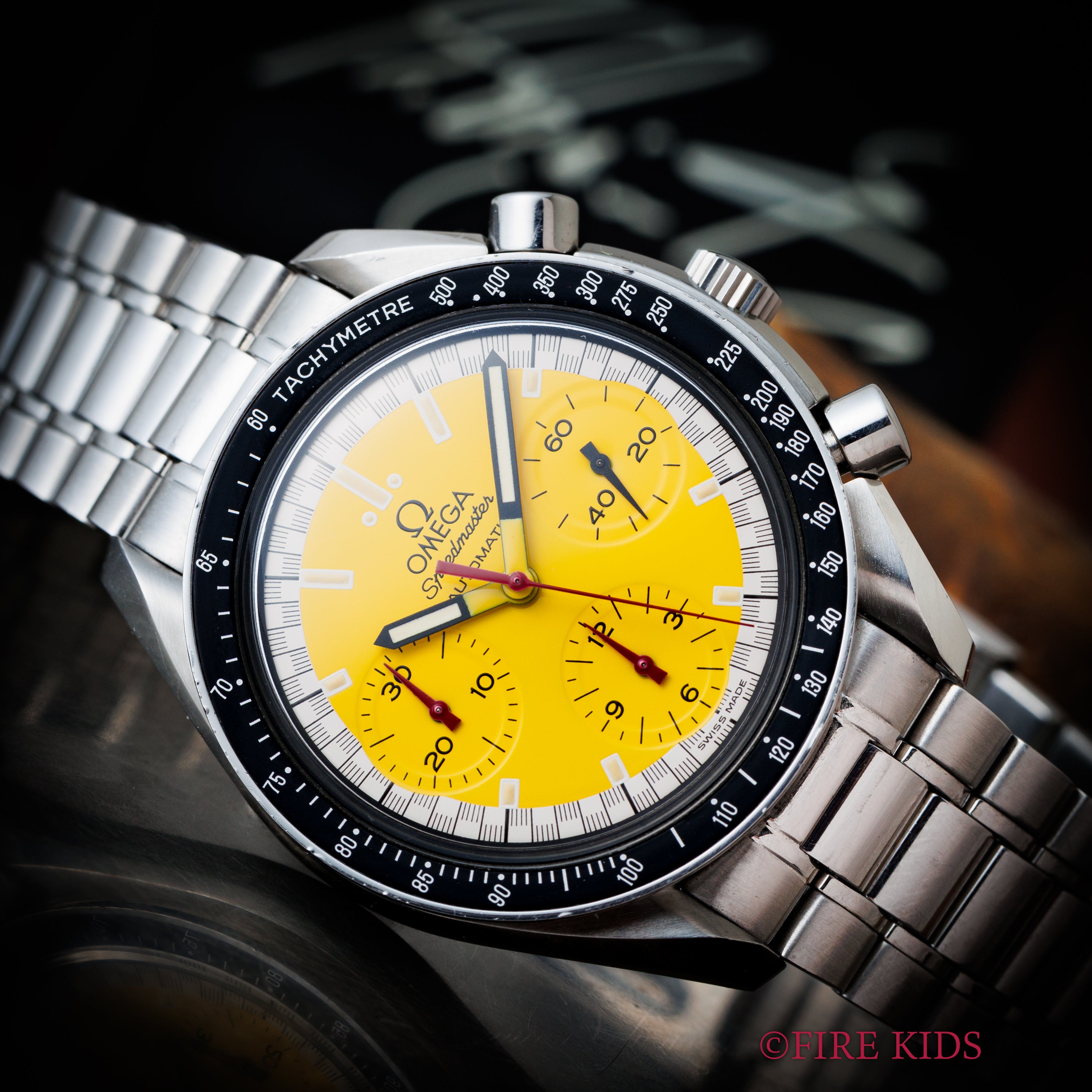 オメガ スピードマスター レーシング 1996年～1998年製 シューマッハ Ref.3510.12 イエローダイヤル 箱、ギャラ付き